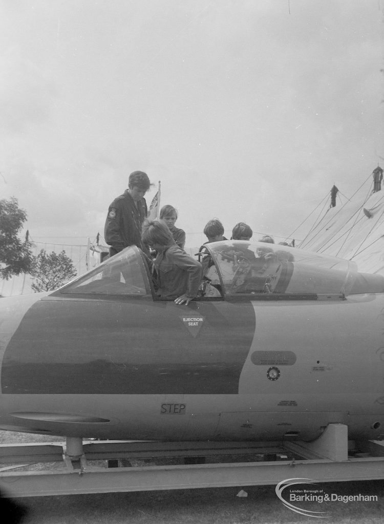 Dagenham Town Show 1973 at Central Park, Dagenham, showing ‘demonstration’ aircraft with pilots and spectators, 1973