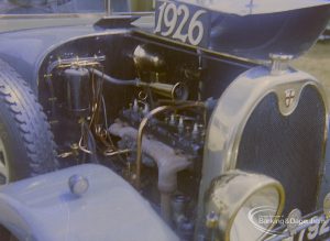 Dagenham Town Show 1973 at Central Park, Dagenham, showing front of car with exposed 1926 engine, 1973