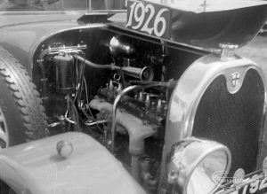 Dagenham Town Show 1973 at Central Park, Dagenham, showing front of car with exposed 1926 engine, 1973