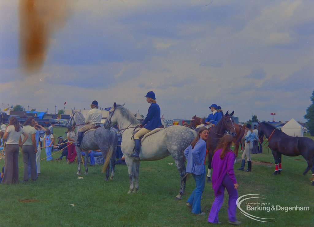 Dagenham Town Show 1973 at Central Park, Dagenham, showing Horse Trials, with two dappled greys waiting to compete, 1973