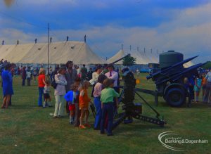 Dagenham Town Show 1973 at Central Park, Dagenham, showing Army display with children and others inspecting military equipment, 1973