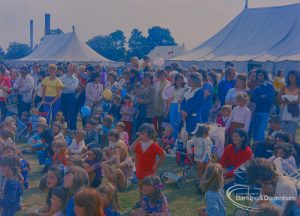 Dagenham Town Show 1973 at Central Park, Dagenham, showing section of audience watching the Punch and Judy show, 1973
