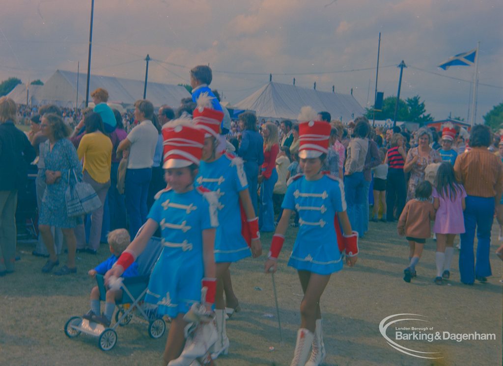 Dagenham Town Show 1973 at Central Park, Dagenham, showing visitors including Majorettes passing by the arena, 1973