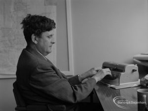 Welfare for the Blind, showing the blind organiser at Aldis House, Barking typing at his desk, 1973