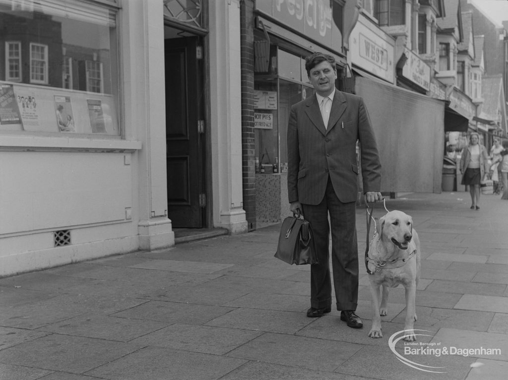 Welfare for the Blind, showing the blind organiser at Aldis House, Barking walking with his guide dog in Ripple Road, 1973