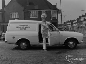 Dagenham Meals-on-Wheels Service van and driver in car park in Barking, 1973