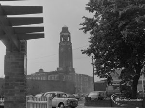 Barking Town Hall and clocktower, framed by pergola and trees, 1973