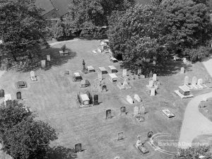View from St Margaret’s Parish Church Tower, Barking, showing tombstones below, 1974