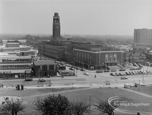 View from St Margaret’s Parish Church Tower, Barking, showing Barking Town Hall and Assembly Hall, and section of Tesco supermarket, 1974