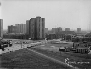 View from St Margaret’s Parish Church Tower, Barking, showing view towards Gascoigne Road area with Gascoigne School and housing tower block, 1974