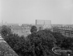 View from St Margaret’s Parish Church Tower, Barking, showing trees and view towards The Lintons housing estate, 1974
