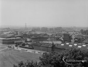 View from St Margaret’s Parish Church Tower, Barking, showing view towards Barking Creek, with barges, 1974