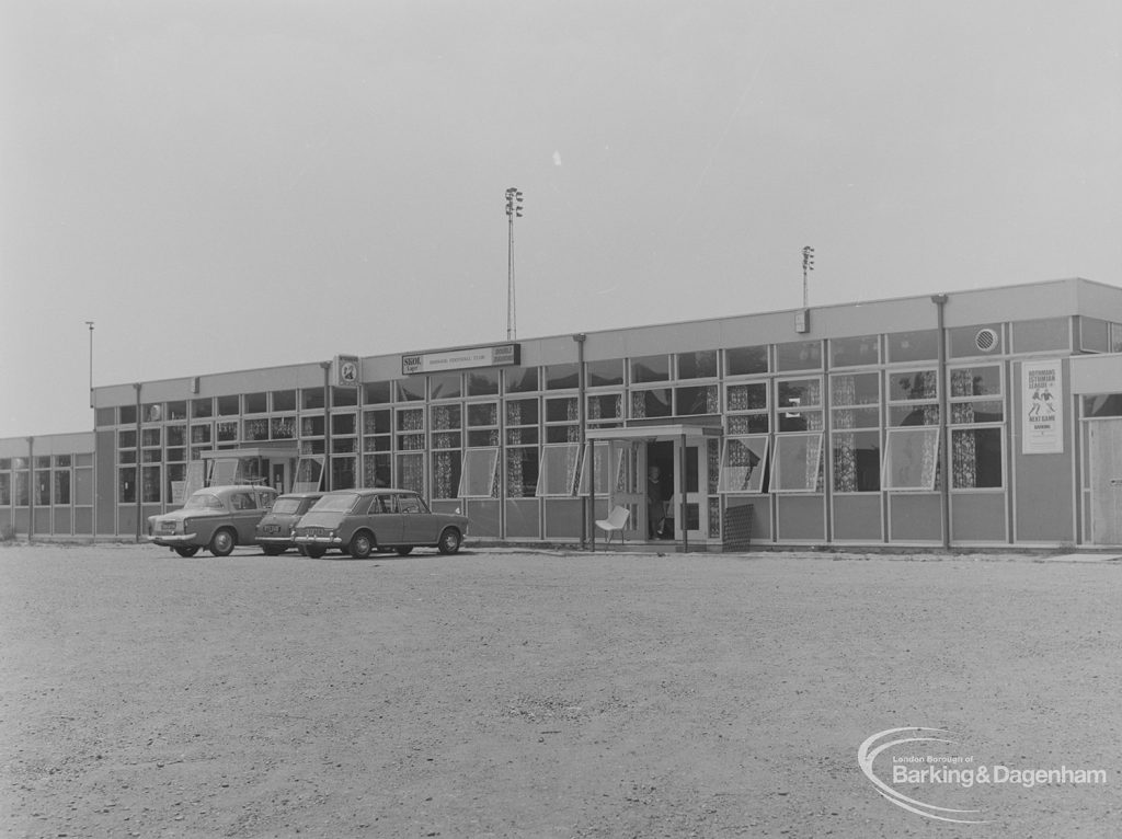 Barking Football Club House, Mayesbrook Park, Dagenham, east side, 1974
