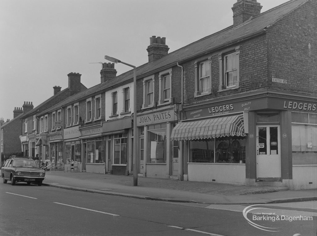 Small houses and shops, including Ledger’s and John Paites, at 18 – 30 Church Street, Dagenham and taken from south-east, 1974