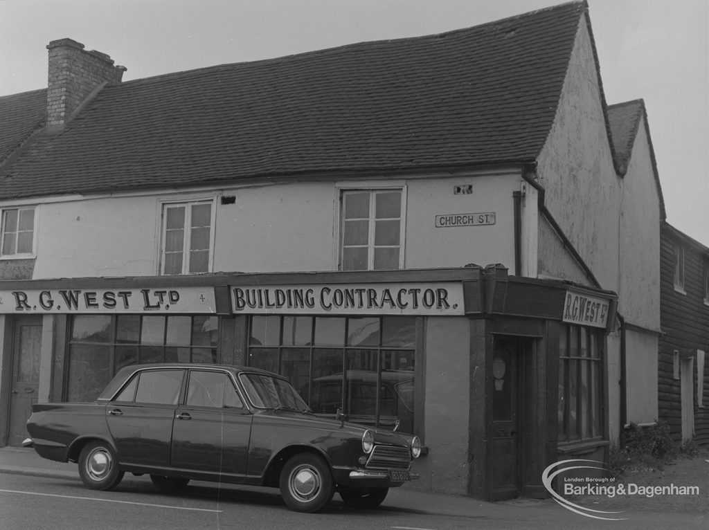 R G West Limited, Building Contractor’s shop on corner of Church Street, Dagenham, adjoining Cross Keys Public House, 1974