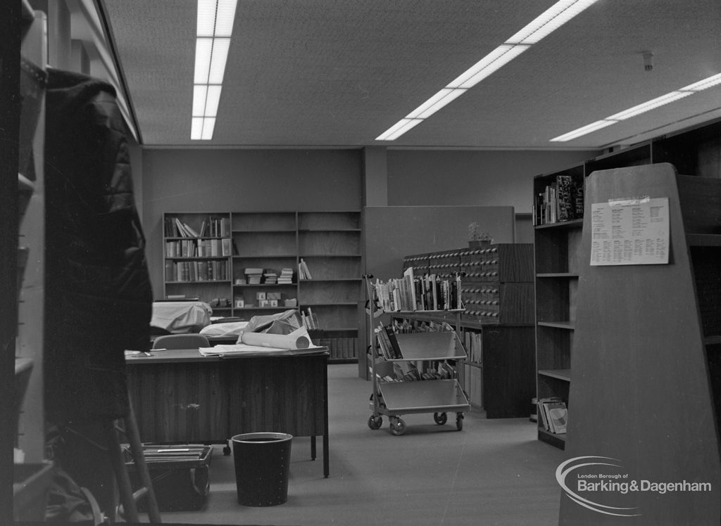New Barking Central Library, Axe Street, Barking, showing cataloguing room from north end, 1974