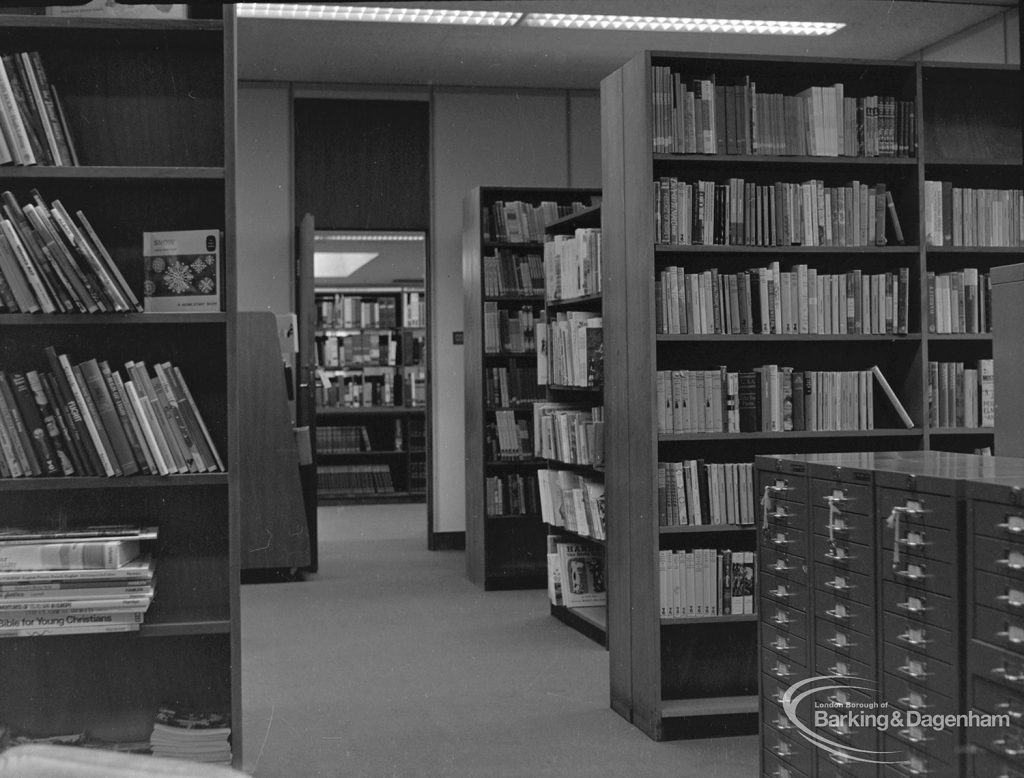 New Barking Central Library, Axe Street, Barking, showing book reception room and filing cabinet, 1974