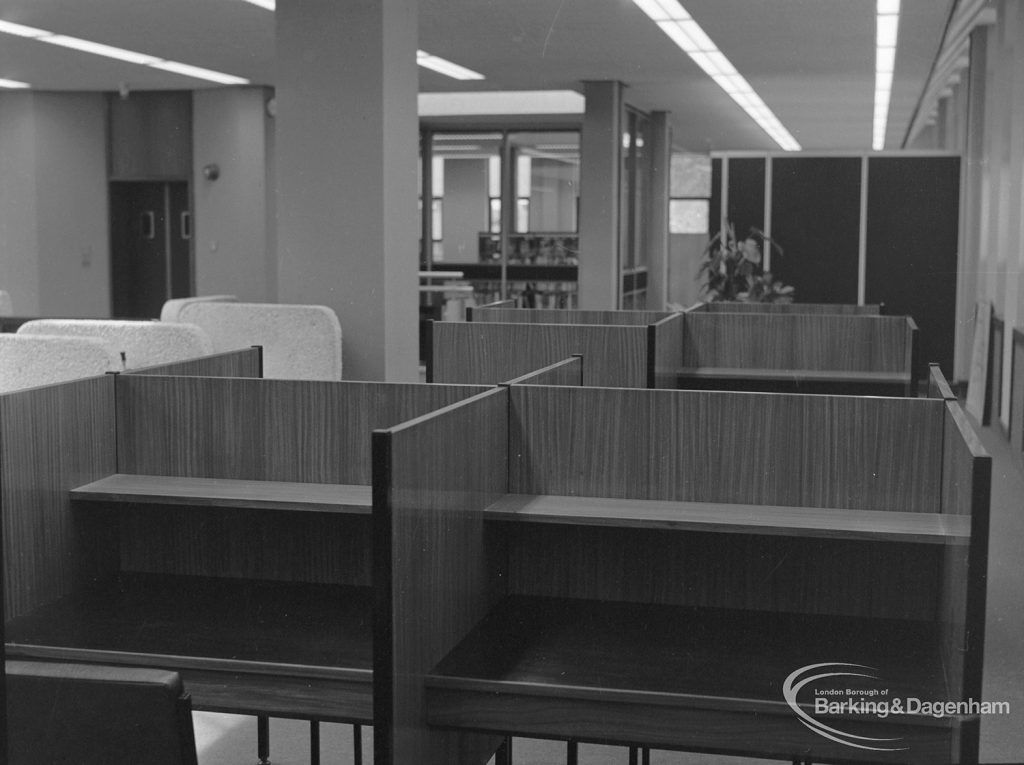 New Barking Central Library, Axe Street, Barking, showing open study desks in Reference section with cubicle beyond, 1974