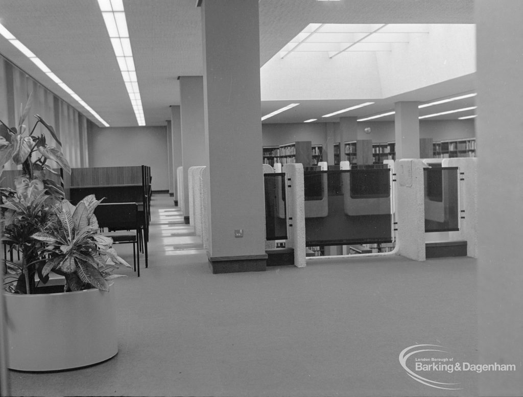 New Barking Central Library, Axe Street, Barking, showing side tables for study in Reference section, 1974
