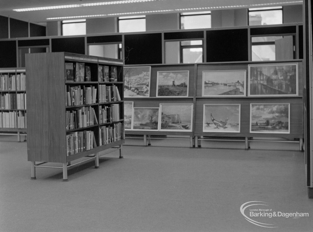 New Barking Central Library, Axe Street, Barking, showing pictures for loan on display in Reference section, 1974