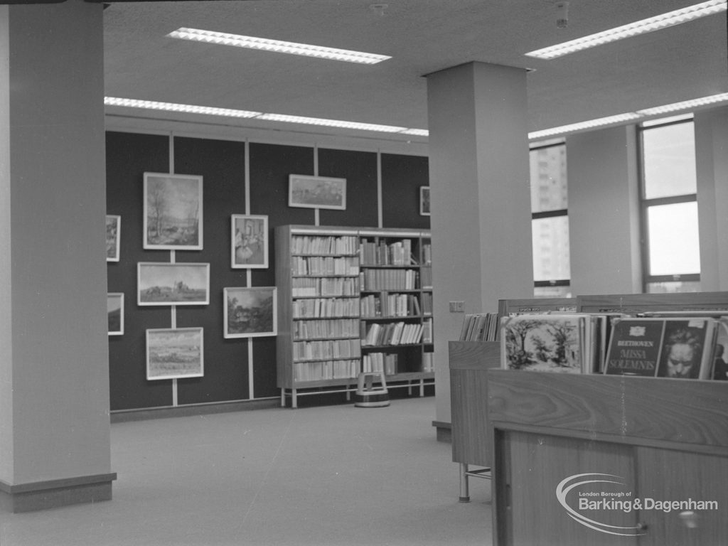 New Barking Central Library, Axe Street, Barking, showing pictures and gramophone records in Music section, 1974