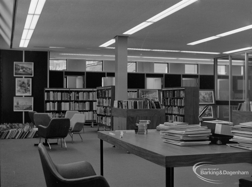 New Barking Central Library, Axe Street, Barking, showing Reference Librarian’s desk and general view of Reference section, 1974