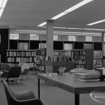 New Barking Central Library, Axe Street, Barking, showing Reference Librarian’s desk and general view of Reference section, 1974