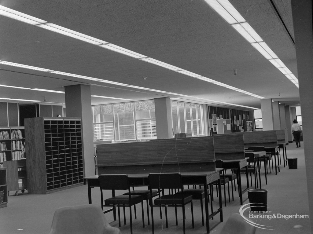 New Barking Central Library, Axe Street, Barking, showing reading and writing tables in Reference section, 1974