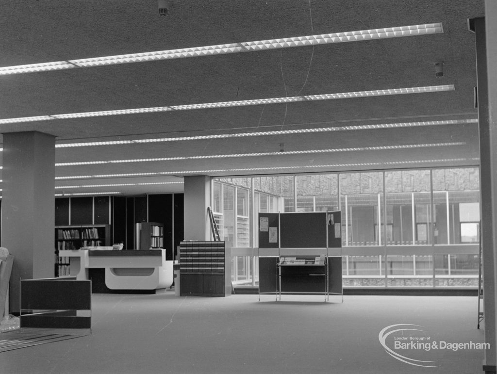 New Barking Central Library, Axe Street, Barking, showing counter area in Reference section, 1974