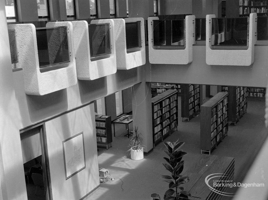 New Barking Central Library, Axe Street, Barking, showing view from first floor into Lending section to north-west, 1974