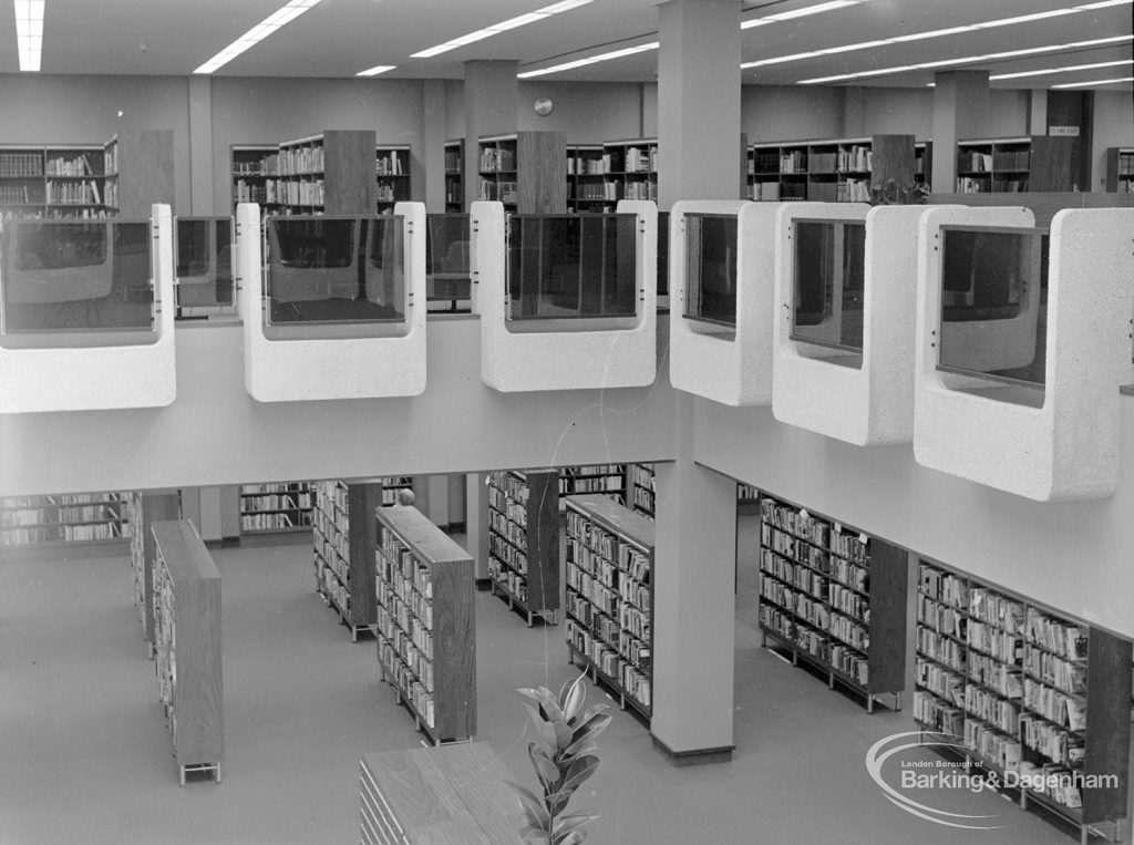New Barking Central Library, Axe Street, Barking, showing view from first floor into Lending section to north-east, 1974