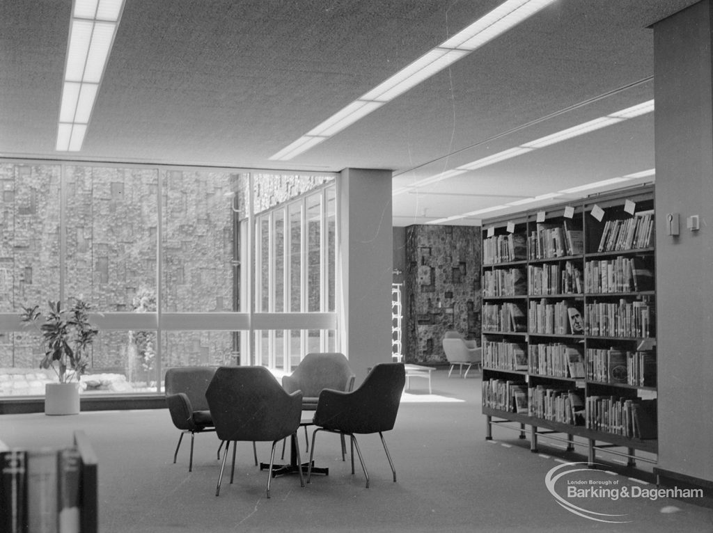 New Barking Central Library, Axe Street, Barking, showing Lending section, seating area to east of counter, 1974