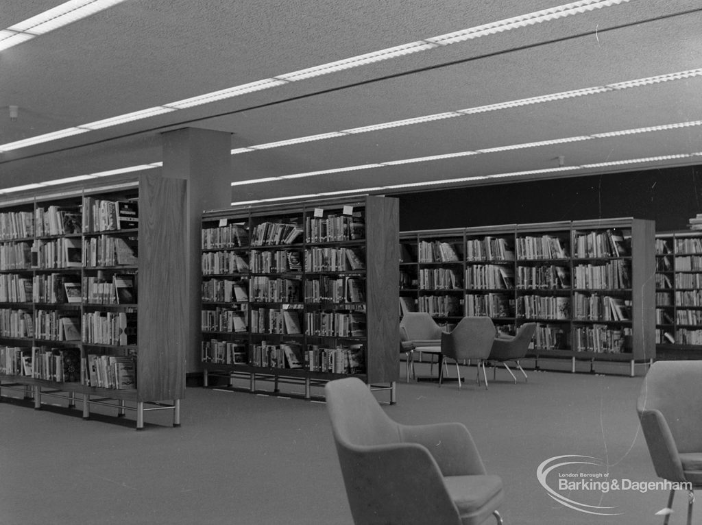 New Barking Central Library, Axe Street, Barking, showing Lending section, south end of bookcases, 1974