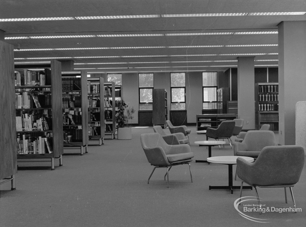 New Barking Central Library, Axe Street, Barking, showing seating area in north part of Reference section, 1974