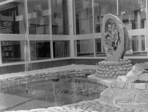 New Barking Central Library, Axe Street, Barking, showing ‘ear’ sculpture, pool and jet in Water Garden feature, 1974