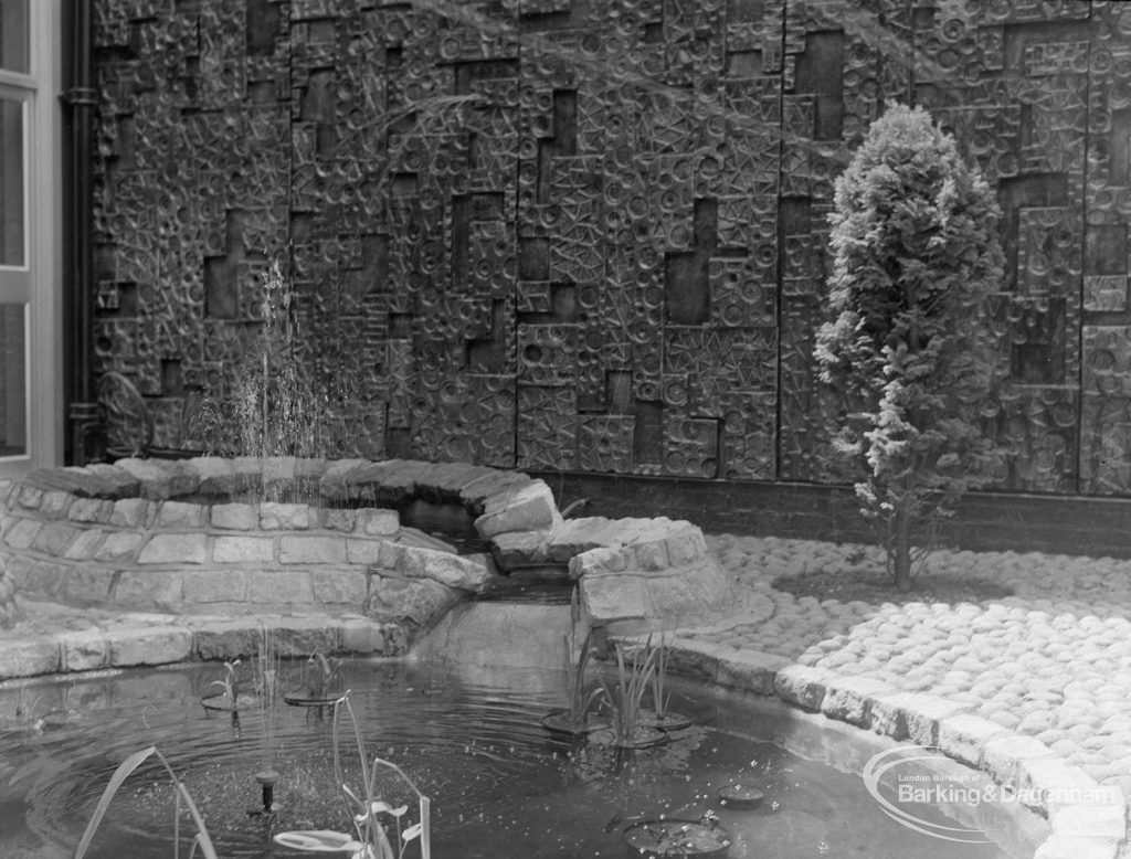 New Barking Central Library, Axe Street, Barking, showing cypress bush and pool in Water Garden feature, 1974