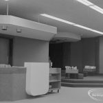 New Barking Central Library, Axe Street, Barking, showing counter and storytime cave in Children’s section, 1974