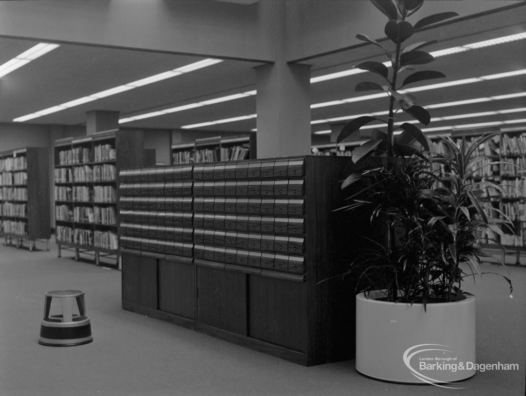 New Barking Central Library, Axe Street, Barking, showing public catalogue cabinet in Lending section, 1974