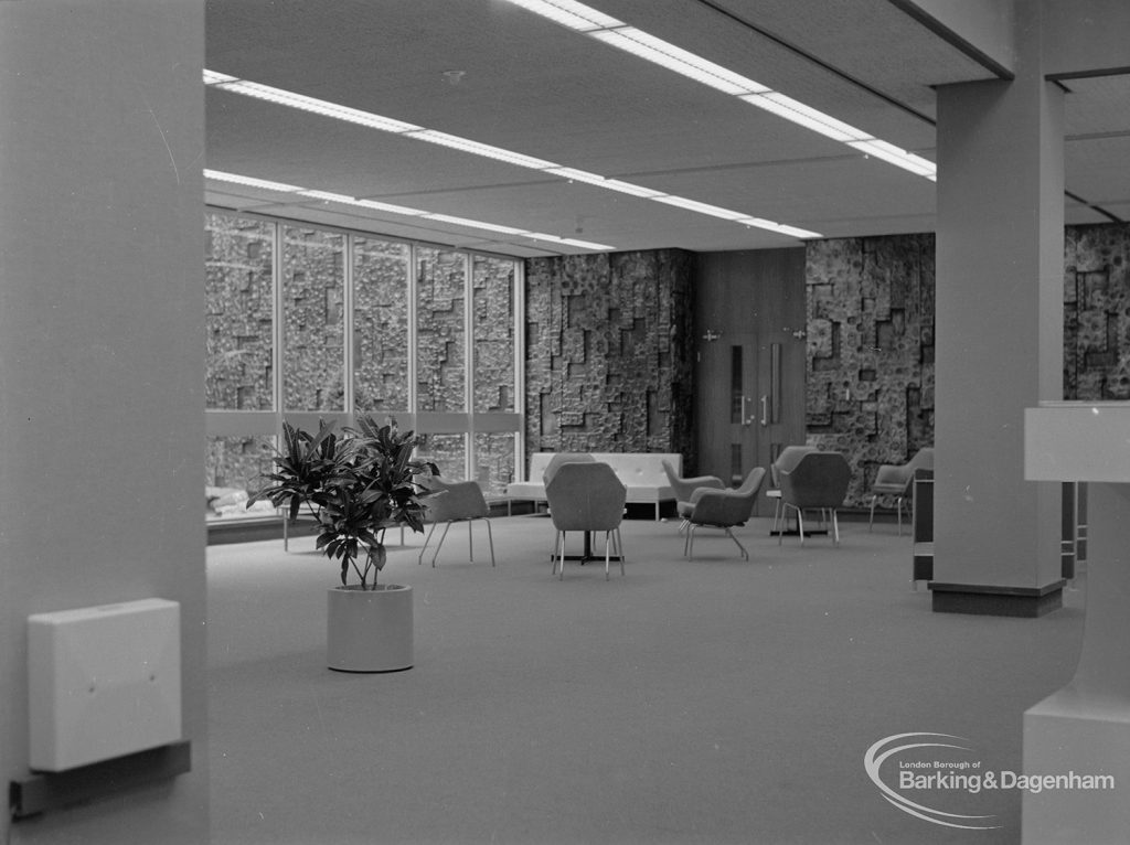 New Barking Central Library, Axe Street, Barking, showing armchairs in open area of Lending section, taken from north-west, 1974