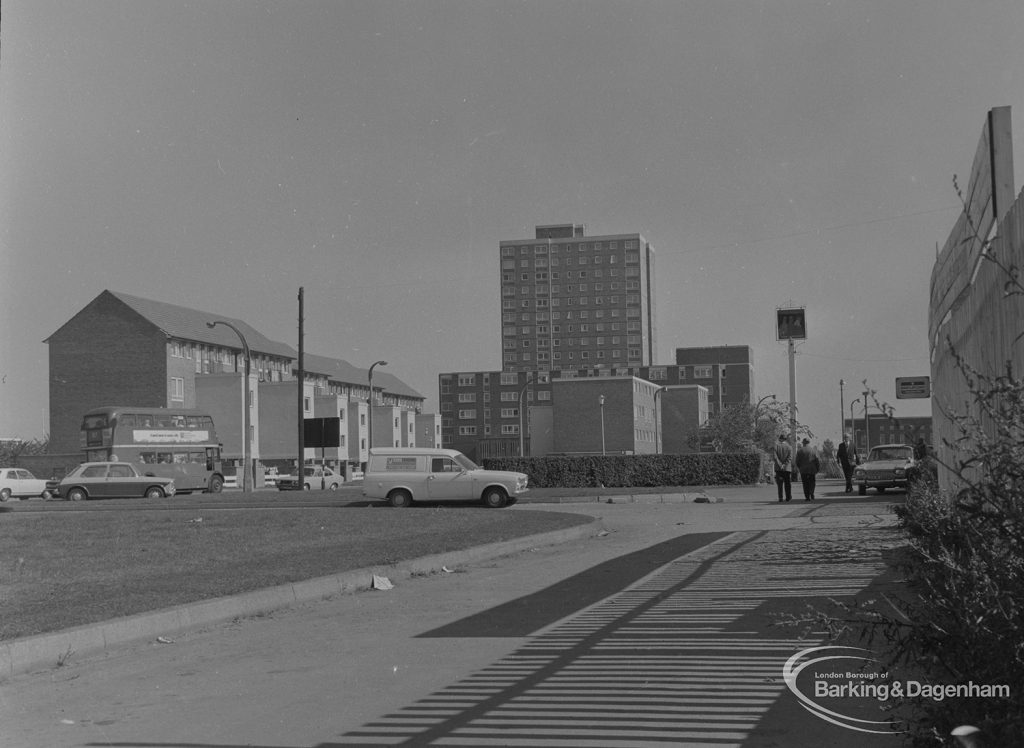 Becontree Heath, showing housing, Ship and Anchor Public House, Three Travellers Public House, and front elevation of Civc Centre, Dagenham in background, 1974