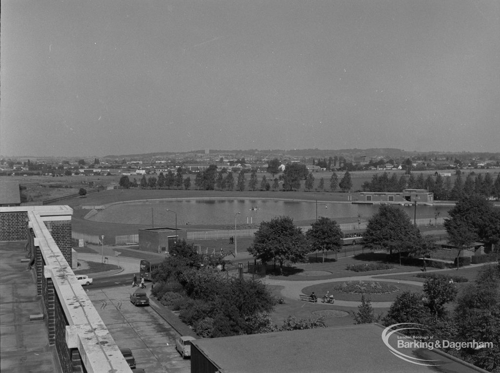 Becontree Heath, showing view from roof of Civic Centre, Dagenham towards lake, 1974