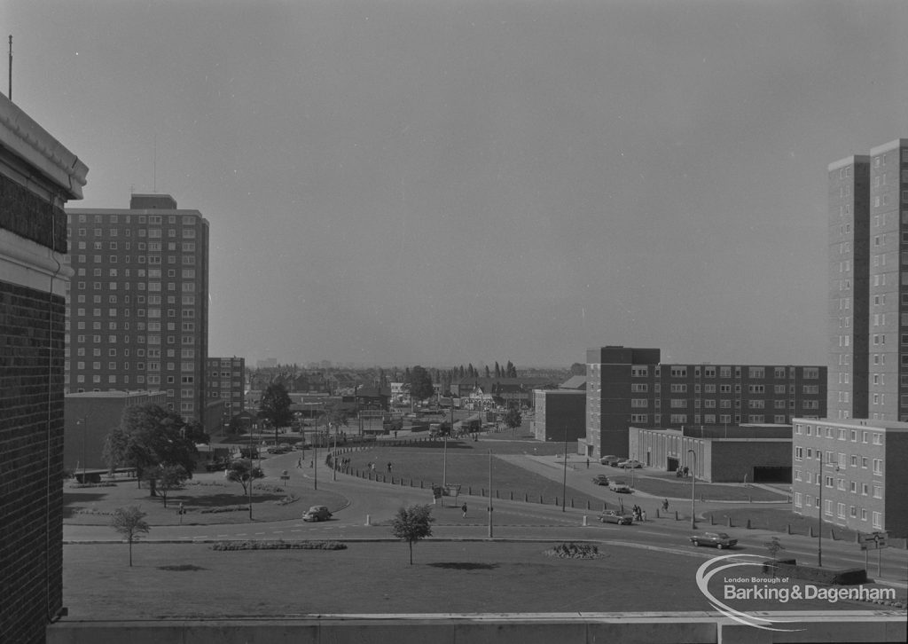 Becontree Heath, showing view from roof of Civic Centre, Dagenham [possibly towards west], with Three Travellers Public House and Ship and Anchor Public House in background, 1974