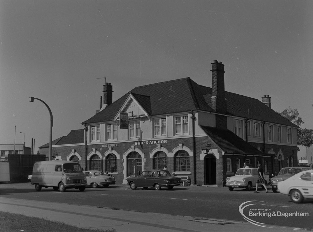 Becontree Heath, showing Ship and Anchor Public House from south-east, 1974
