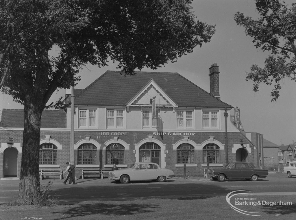 Becontree Heath, showing Ship and Anchor Public House from south, 1974