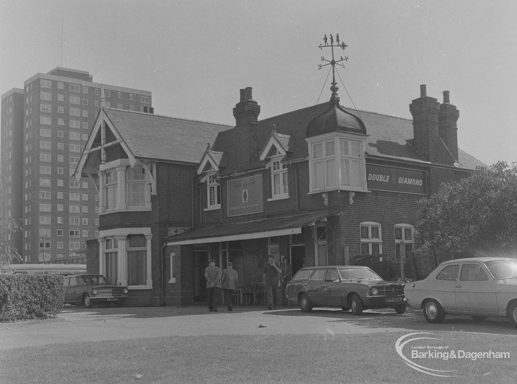 Becontree Heath, showing Three Travellers Public House from north-west, 1974