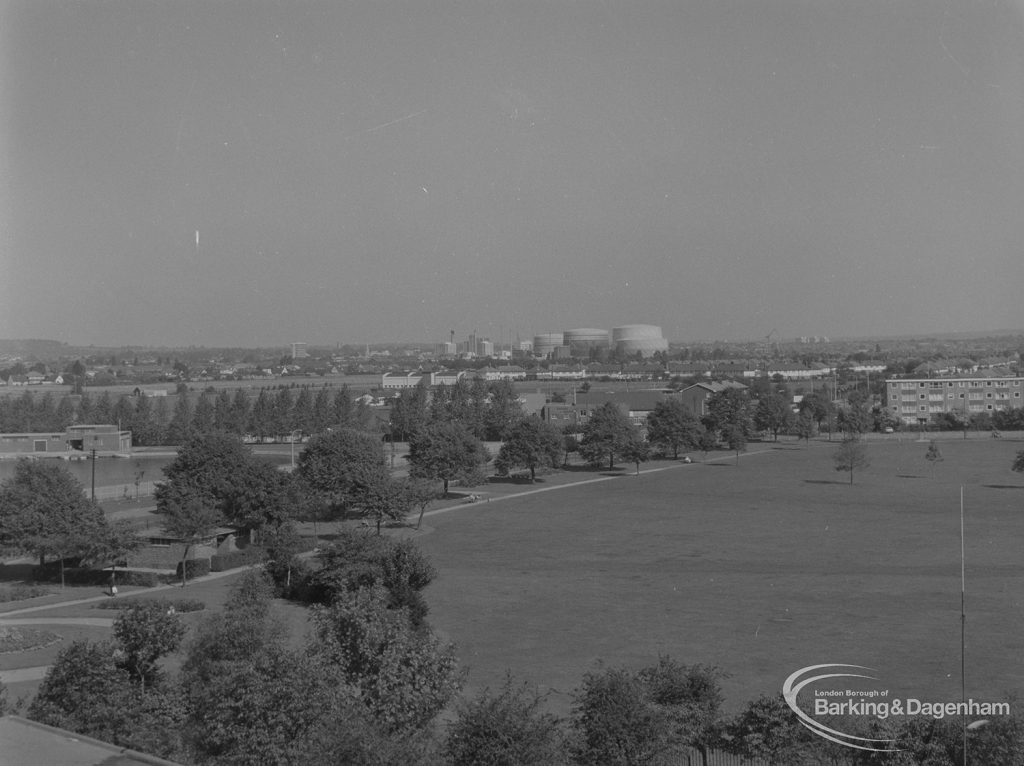 Becontree Heath, showing view from roof of Civic Centre, Dagenham towards gasholders, with lake on left, 1974