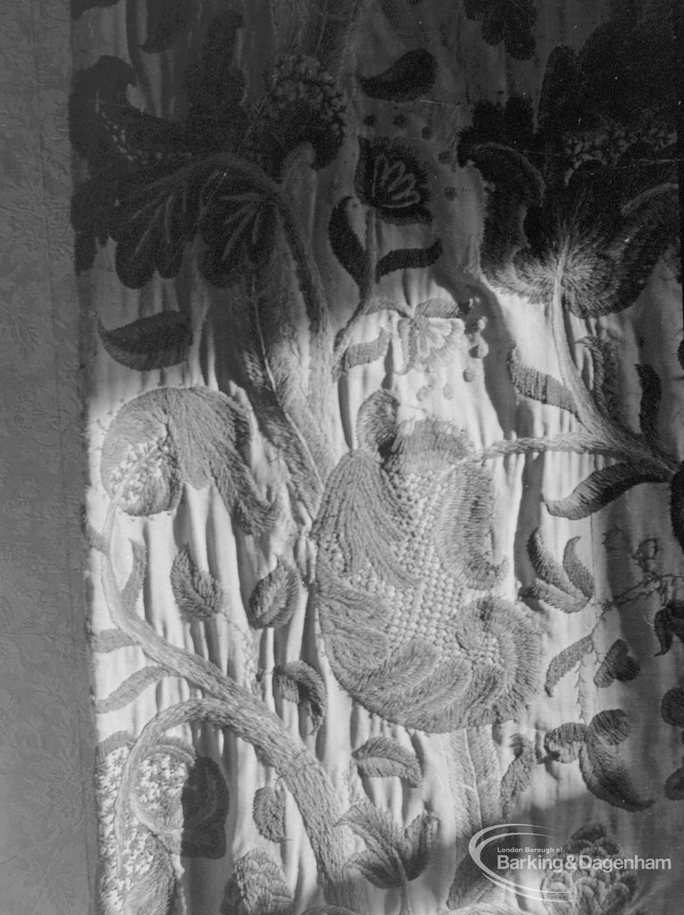 Detail of embroidered seventeenth century curtain on loan from Victoria and Albert Museum to Valence House, Becontree Avenue, Dagenham, removed for photograph from room opposite Period Room, 1975