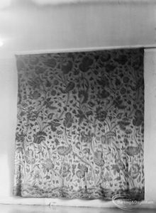 Embroidered seventeenth century curtain on loan from Victoria and Albert Museum to Valence House, Becontree Avenue, Dagenham, removed for photograph from room opposite Period Room, 1975