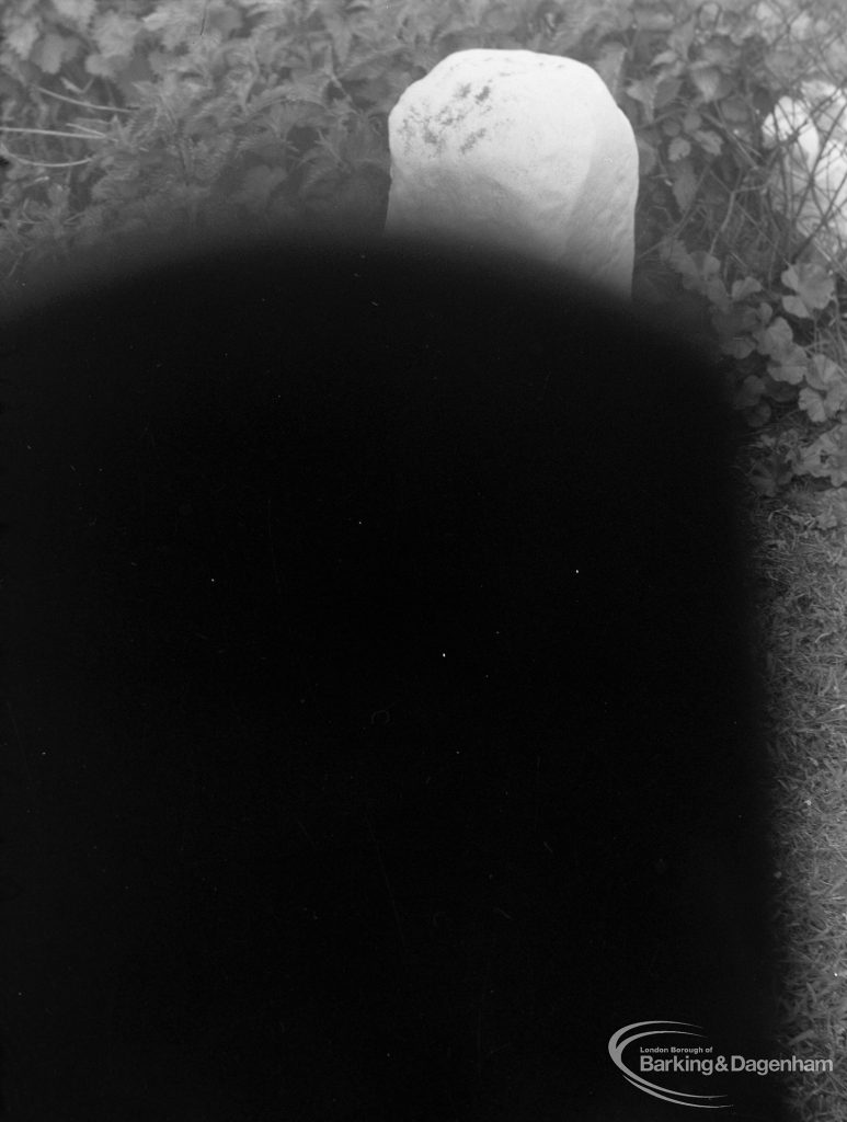 Photographic negative [faulty] of Forest Boundary Stone in Whalebone Lane, Chadwell Heath, 1976