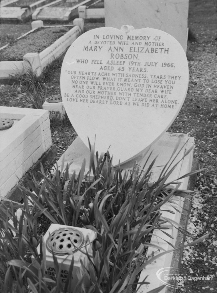 A typical tombstone inscription at Eastbrookend Cemetry, Dagenham, 1976